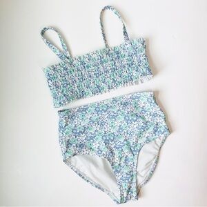 Gap Kids Microfloral Blue and Green Smocked high Waisted Swimsuit